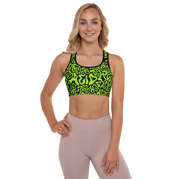 Acid Vibrant Neon Colors and Black Patterned Padded Sports Bra