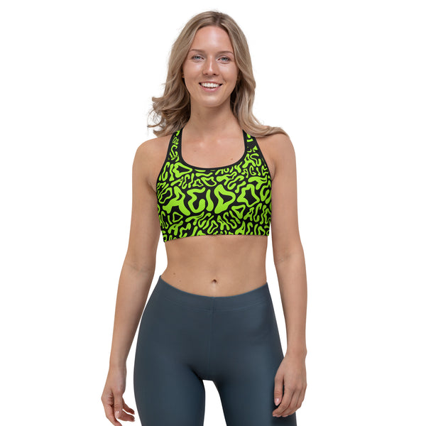 Acid Vibrant Neon Colors and Black Patterned Sports Bra