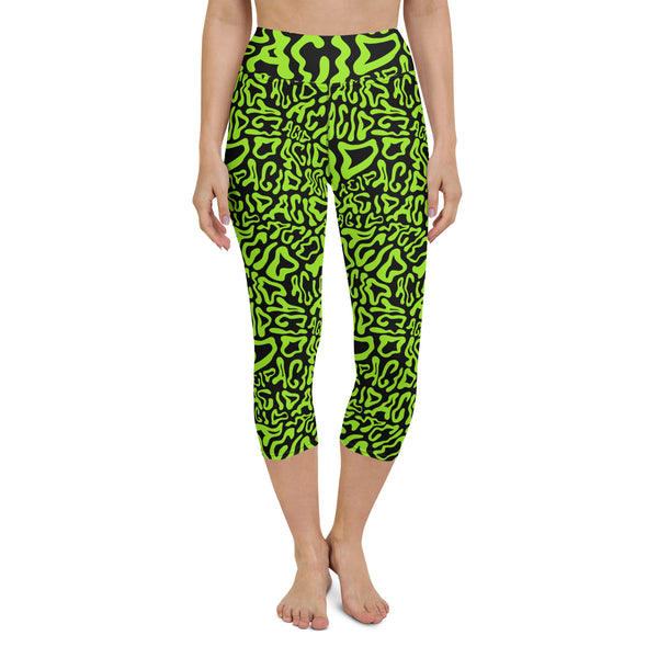 Acid Vibrant Neon Colors and Black Patterned Yoga Capri Leggings